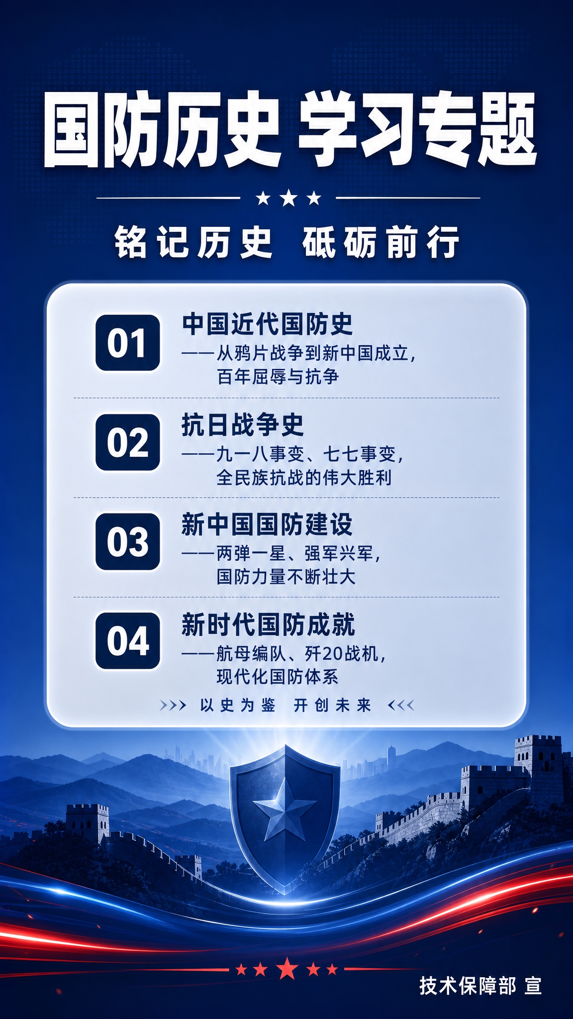 第一张图版：国防历史学习专题。深蓝色渐变背景，与参考海报风格一… - 图片创意预览