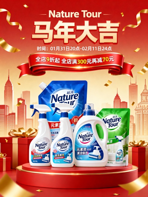 “马年新春” 清洁用品促销海报，核心元素：Nature Tour 品牌清洁产品组合（喷雾、瓶装清洁剂等）、红色促销卷轴标语（“全店 9 折起 全店满 300 元再减 70 元”）；文字布局：顶部 “N预览效果