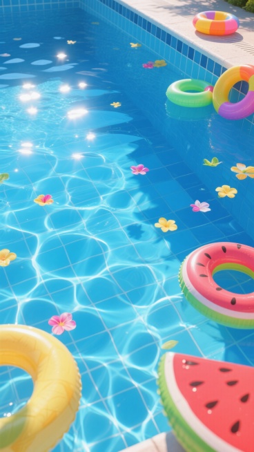 从泳池底部向上仰望的视角，清澈见底的蓝色瓷砖泳池，水面波光粼粼，阳光透过水面在池壁上形成明亮的光斑和水波纹倒影，池壁瓷砖排列整齐，缝隙清晰可见，水面漂浮着几片彩色的夏日花瓣，池边散落着几个色彩鲜艳的充气游泳圈和夏日水果造型的水上玩具，营造出轻松愉快的夏日泳池氛围，高清晰度，写实风格，光线明亮柔和，色彩以蓝色为主调并点缀鲜艳的夏日色彩。预览效果