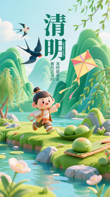 3D卡通清明踏青海报预览效果