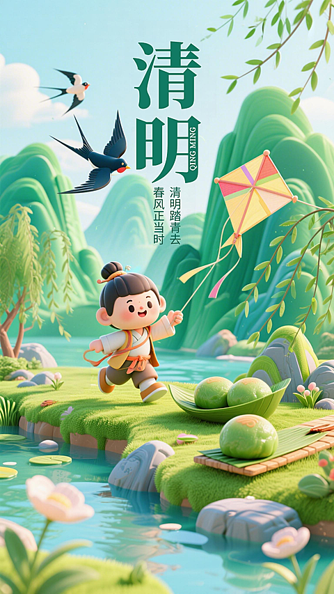 3D卡通清明踏青海报