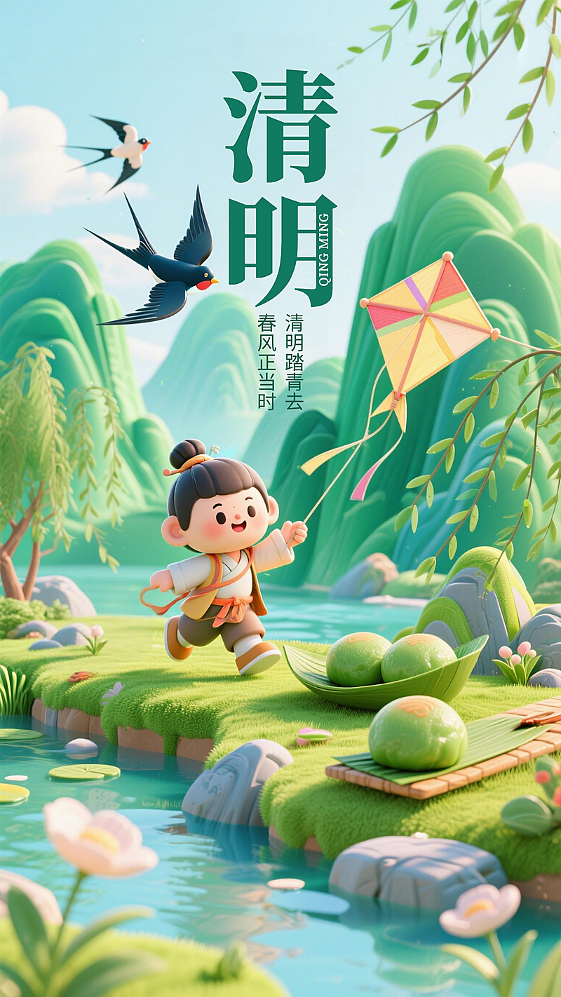 3D卡通清明踏青海报