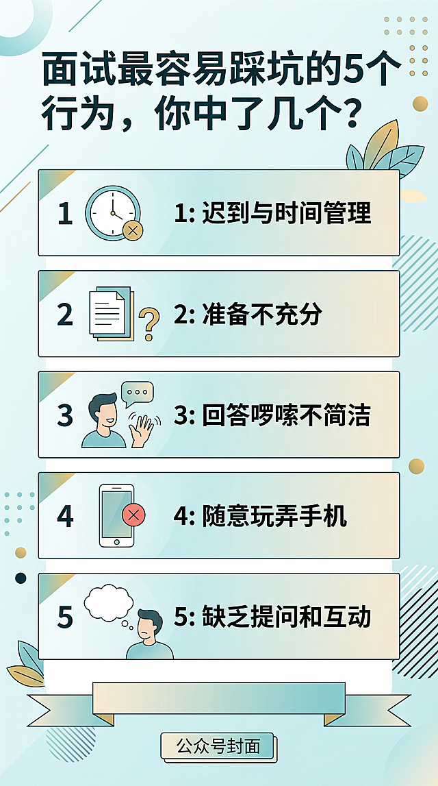 制作一张公众号封面图，标题为"面试最容易踩坑的5个行为，你中了几个？"，简约商务风格，主色调为浅色，文字清晰醒目，排版美观