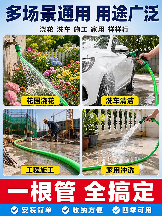 [商品] 使用【图1】绿色PVC纤维增强软管；保留鲜亮绿色、黄色线条标识；各场景中软管颜色、材质与原图一致，形态根据场景自然变化（伸直/弯曲/连接水龙头等）。
[画面] 页面目标：多场景适配展示，证明适用范围广、实用性强。构图：顶部标题区约15%，中部2x2四宫格场景区约70%，底部总结区约15%。四个场景分别为：左上-花园浇花：绿色软管连接水龙头喷洒浇灌花草，阳光花园背景；右上-洗车清洁：软管连接水枪清洗白色汽车，户外洗车背景；左下-工程施工：软管用于建筑工地供水，工地背景；右下-家用冲洗：软管冲洗阳台地面，家庭阳台背景。每个场景图下方配场景名称标签。底部通栏总结"一根管 全搞定"。
[视觉] 套系策略：风格=拼多多接地气大字报商业摄影风；标题字=超粗黑无衬线体 厚重有力；正文字=常规无衬线体 清晰可读；主色=亮蓝色；背景延展=基于亮蓝色做浅蓝渐变边框、四宫格白色分隔线；强调色=大红色 仅用于底部通栏重点；标题色=深蓝色；正文色=深灰色；组件=四宫格白边分隔、黄底黑字场景标签、底部通栏；光影=每个场景自然光线，软管在场景中光影融合自然，无硬切边缘。
[文字] 顶部主标题"多场景通用 用途广泛"，副标题"浇花 洗车 施工 家用 样样行"；四个场景标签："花园浇花""洗车清洁""工程施工""家用冲洗"；底部通栏"安装简单 收纳方便 四季可用"；所有文字横排，手机端清晰可读。
[规格] 图片比例3:4竖版，4K，避免变形、错字、文字过小、场景虚假、软管颜色不一致、穿模、平台Logo、水印、绝对化用语。