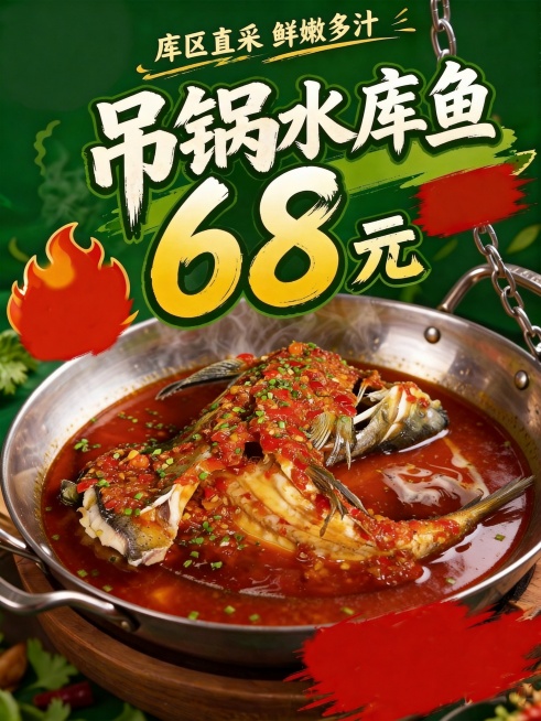 保留海报上的文字‘库区直采 鲜嫩多汁 吊锅水库鱼 68元’以及绿色背景、吊锅边框，将锅内的产品替换为图一的整个剁椒鱼头成品，保持整体风格一致，菜品光影自然协调预览效果