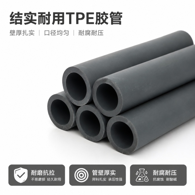 [主图-1] TPE胶管首图，突出结实耐用核心卖点。[氛围风格] 专业干净的建材电商风格，品质感突出。[画质] 商业摄影质感、光线柔和通透、产品清晰真实、画面干净高级。[元素] 多根TPE胶管居中堆叠预览效果