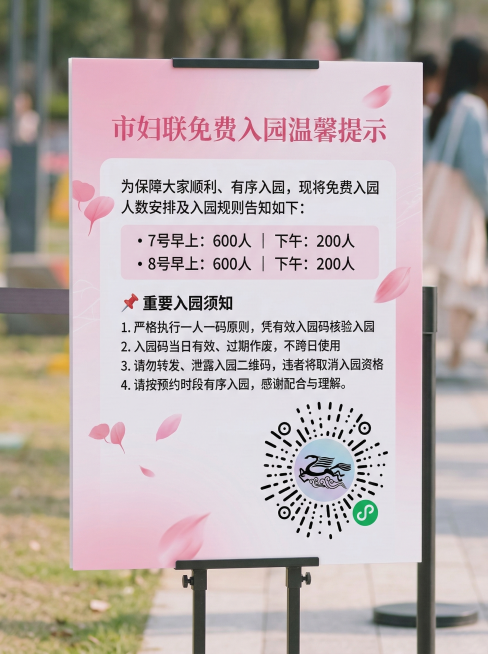 参考上传海报的粉色渐变背景、粉色花瓣装饰风格，制作3.87妇女节市妇联免费入园温馨提示海报，包含文案：市妇联免费入园温馨提示，为保障大家顺利、有序入园，现将免费入园人数安排及入园规则告知如下：• 7号预览效果