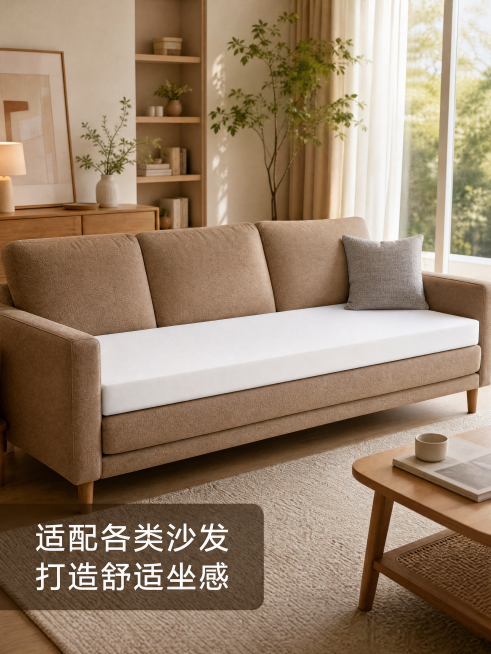 [第4屏] 真实场景种草，白色海绵沙发定制垫铺设在客厅沙发上展示实际效果。本屏使用【图1】产品，将产品作为沙发垫整体展示铺设效果。[氛围/风格] 温馨治愈家居场景，真实自然，高级温馨风，生活化质感。[预览效果
