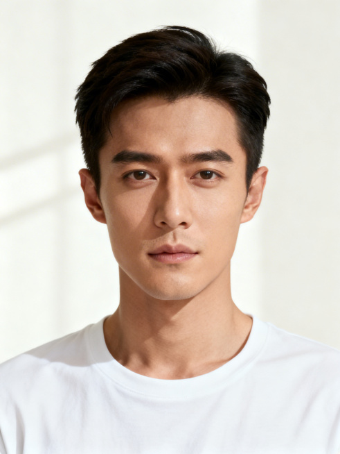正面半身男模特，融合霍建华年轻时的清朗儒雅、敖瑞鹏的俊朗立体、吴彦祖年轻时的英气轮廓，五官精致立体，气质干净阳光，穿着简约纯白色T恤，背景为干净的米白色纯色背景，光线柔和自然，面部线条流畅，整体质感高预览效果