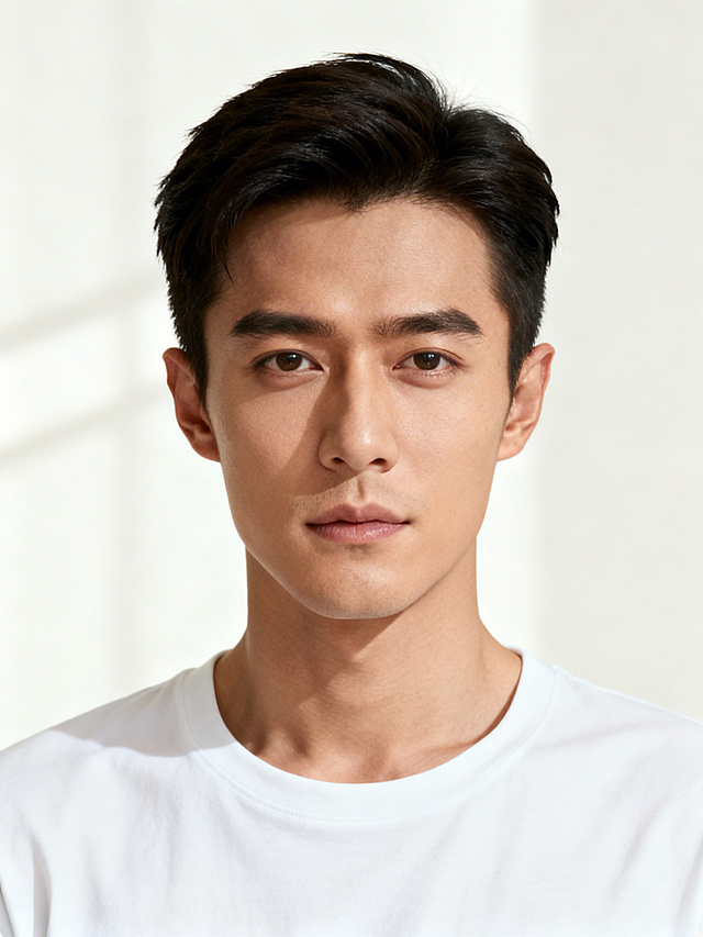 正面半身男模特，融合霍建华年轻时的清朗儒雅、敖瑞鹏的俊朗立体、吴彦祖年轻时的英气轮廓，五官精致立体，气质干净阳光，穿着简约纯白色T恤，背景为干净的米白色纯色背景，光线柔和自然，面部线条流畅，整体质感高级高清