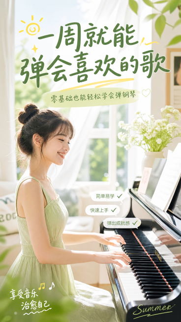 小红书竖版广告图，年轻女生已经可以流畅弹出完整的曲子，微笑自信坐在钢琴前，整体画面温馨治愈有成就感，夏日清新风格，文字“一周就能弹会喜欢的歌”预览效果