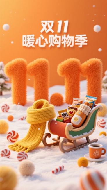 画面中有巨大的橙色毛绒立体 “11.11” 字样，搭配着写有 “双 11 暖心购物季” 的黄色针织围巾。旁边是载着零食、暖手宝的复古雪橇，周围洒落着糖果、热饮图案和毛绒小球等元素，暖橙色背景，温馨促销预览效果