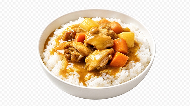 从这张菜单图中，裁剪出轻食能量碗系列第一行第二个商品：咖喱鸡排饭，去除背景，输出透明背景的PNG图，只保留食物本身