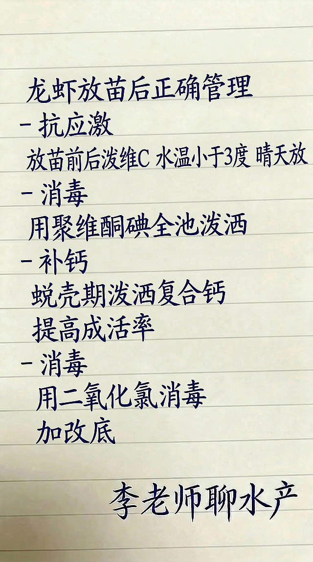 按照原图的排版布局和字体样式颜色，替换文字内容，一字不差生成：
龙虾放苗后正确管理
- 抗应激
放苗前后泼维C 水温小于3度 晴天放
- 消毒
用聚维酮碘全池泼洒
- 补钙
蜕壳期泼洒复合钙
提高成活率
- 消毒
用二氧化氯消毒
加改底
李老师聊水产
保持背景为米黄色横格笔记本样式，深蓝色手写字体，排版和原图保持一致