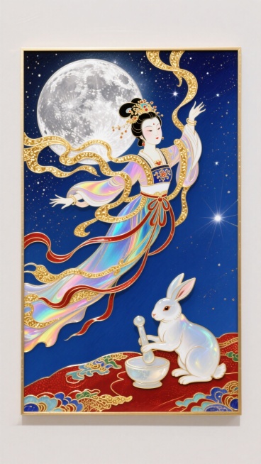 唐卡风格，一个身着传统汉服的女子作飞天姿势。身旁有一只玉兔拿着玉杵跪地捣药。背景是银色满月、银河，金色飘带装饰，头饰为唐朝传统女性风格。整体色调以蓝、金、红为主。前后景协调，衔接得上。预览效果