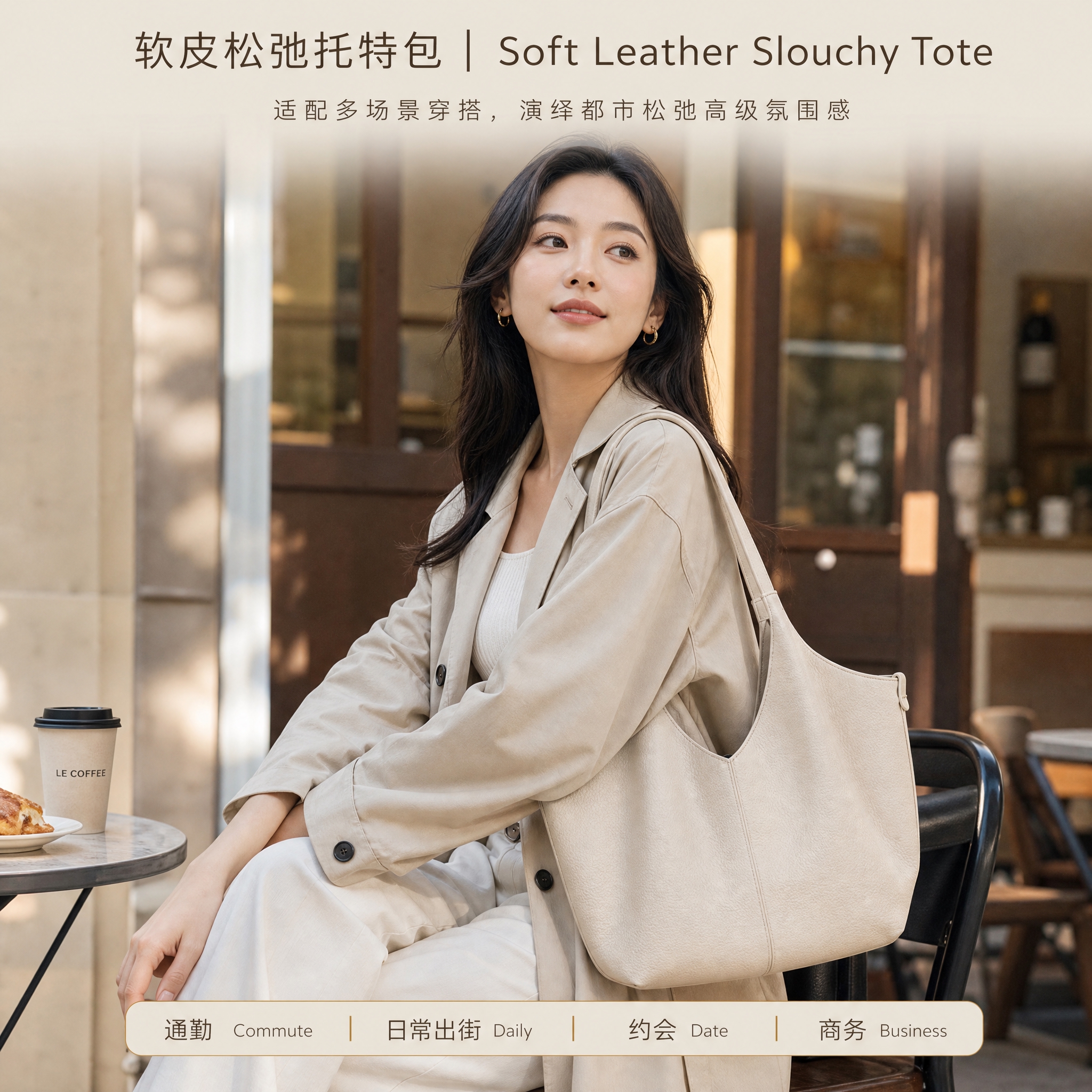 [商品] 使用【图3】【图4】同款米杏色软皮托特包；保留U型开… - 图片创意预览