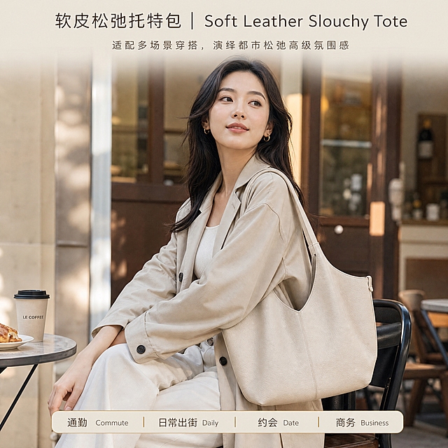 [商品] 使用【图3】【图4】同款米杏色软皮托特包；保留U型开口、双宽肩带、荔枝纹皮革、中央竖缝线、两侧扣饰、米杏固有色与托特包型比例；包包完整展示，不被大面积遮挡。
[画面] 模块5模特上身展示图第3张，真实商业人像摄影，都市简约穿搭亚洲女模特，燕麦色风衣+白内搭+直筒裤，腋下夹背这只托特包，坐在简约街边咖啡馆的户外座位旁；暖调咖啡馆环境，背景虚化，光影自然柔和；包包正面角度完整展示，腋下背姿势自然松弛。
[视觉] 套系策略：风格=海外轻奢进口极简高级商业摄影；标题字=现代纤细无衬线中文字体+高端无衬线英文字体；正文字=简洁无衬线体；主色=暖咖米杏；背景延展=低饱和暖调咖啡馆场景，背景适度虚化；强调色=浅金，仅用于小标签和分割线；标题色=深炭棕；正文色=中暖灰；组件=极简圆角标签、细线分割；光影=窗边暖柔光+柔和补光，真实立体。
[文字] 顶部居中标题"软皮松弛托特包 | Soft Leather Slouchy Tote"；下方小字文案"适配多场景穿搭，演绎都市松弛高级氛围感"；底部横向标签"通勤 Commute｜日常出街 Daily｜约会 Date｜商务 Business"；全部文字横排，不遮挡模特与包包主体。
[规格] 800×800像素1:1方图，2K分辨率，避免变形、错字、文字过小、包型失真、颜色改变、脸部模糊。