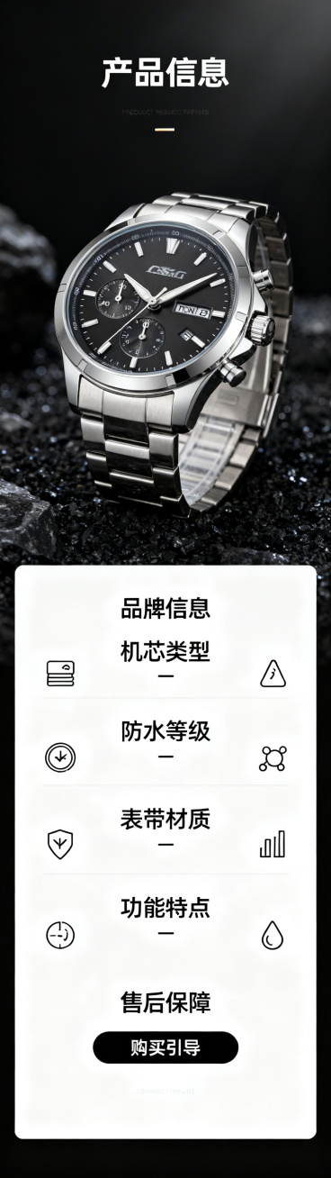 手表产品信息长图，整体排版清晰有序，顶部放置手表高清展示图，下方依次罗列手表核心参数：品牌信息、机芯类型、防水等级、表带材质、功能特点，搭配简约图标辅助说明，底部标注售后保障与购买引导信息，风格简洁专预览效果