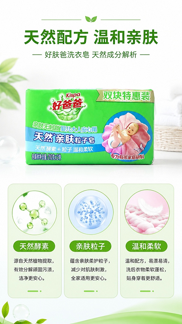 [第3屏] 核心成分解析-好爸爸洗衣皂天然成分讲解。本屏使用【图1】作为商品主体。[氛围/风格] 专业可信质感，简洁干净版式，突出核心成分优势。[元素布局] 商品放置画面上半部分占比约50%，下半部分分三格展示核心卖点：天然酵素、亲肤粒子、温和柔软，每个卖点配图标和短说明，保留商品包装外观与原图一致。[光影质感] 均匀明亮光照，每个信息区块清晰区分，文字清晰可读。[配色色系] 全局底色 #FFFFFF，主色绿色，辅助色浅蓝暖粉，区块用浅绿圆角框区分。[视角构图] 上下分栏构图，上产品下卖点，信息层级清晰。[文字版式] 顶部主标题「天然配方 温和亲肤」，每个卖点配图标和短句说明，文字大小适中，不拥挤不遮挡产品。[比例分辨率] 9:16竖版比例，2K分辨率，文字清晰可辨，高清画质。[负向提示词] 商品变形，包装文字错乱，成分标注错误，文字过小，水印，颜色偏差