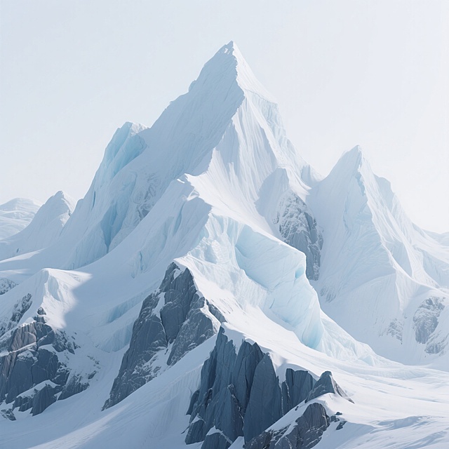 超写实3D渲染风格的冰山，纯净白色背景，主体为巍峨耸立的冰山群，山体覆盖着厚实的积雪，呈现出不规则的尖锐峰峦形态，雪层纹理细腻，有明显的积雪堆积层次感，岩石部分露出深灰蓝色，表面有自然的冰川侵蚀痕迹和岩石肌理，整体光影效果为柔和的散射光，高光部分集中在雪顶边缘，阴影自然过渡至山体底部，营造出冷峻、纯净、壮丽的冰雪山川氛围。