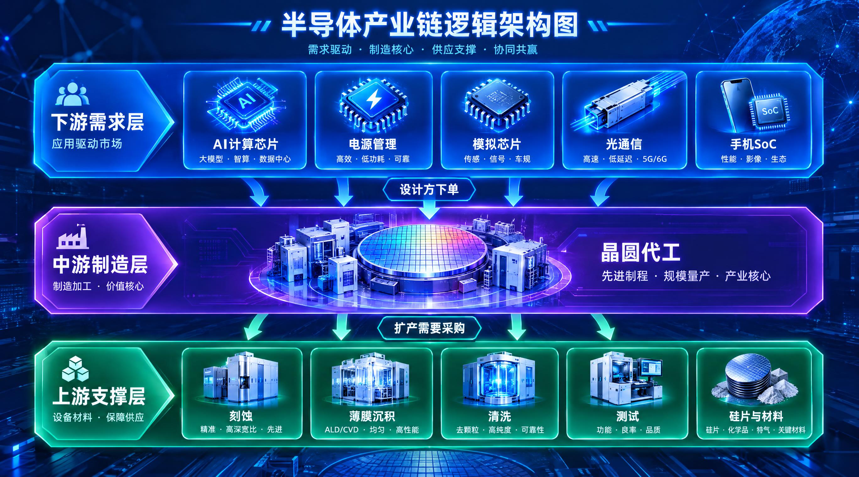 半导体产业链逻辑架构图，精美可视化设计。从上到下分为三层结构：… - 图片创意预览