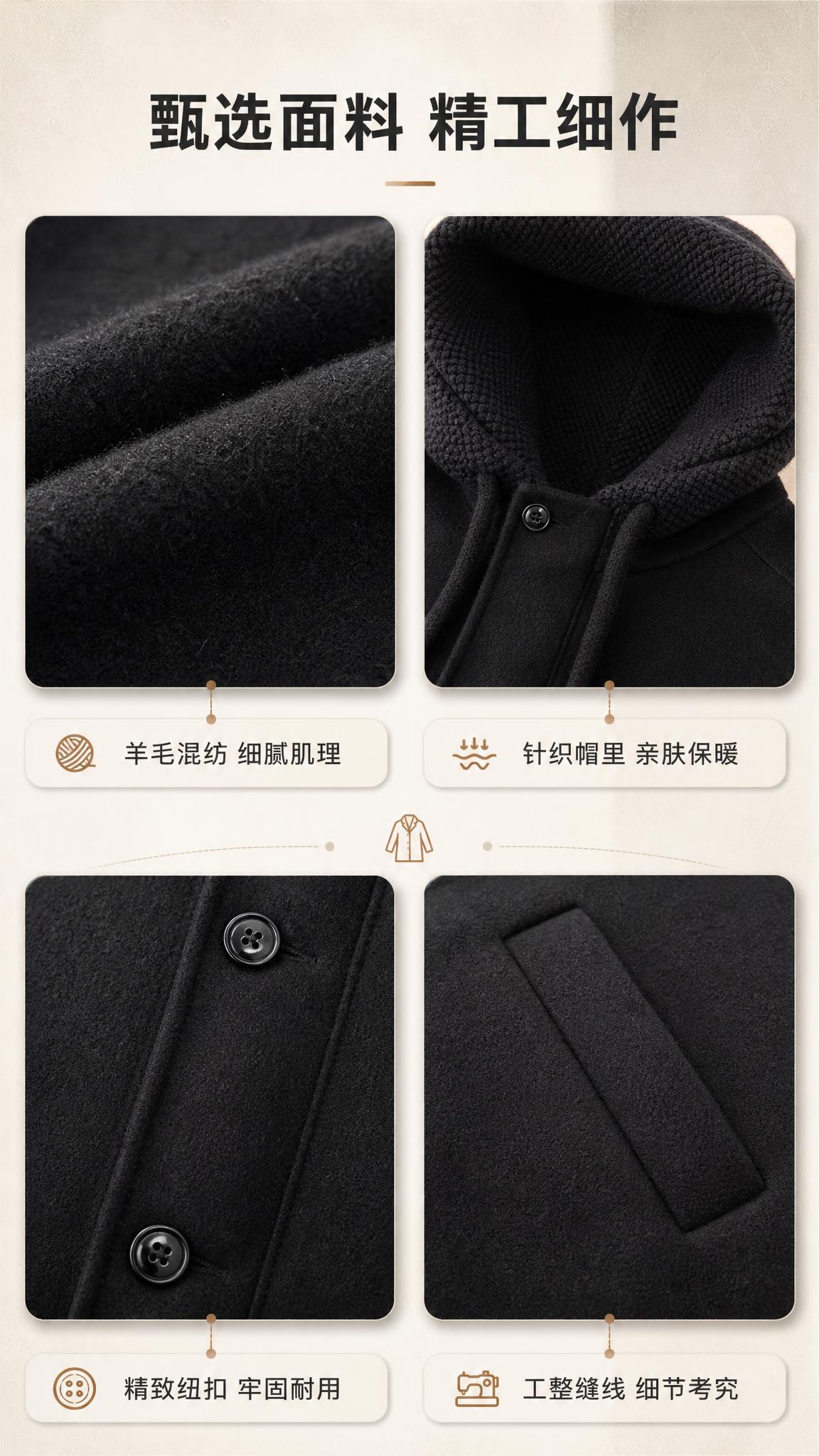 [商品] 使用【图1】男士黑色连帽短款毛呢大衣；商品处理：保留… - 图片创意预览