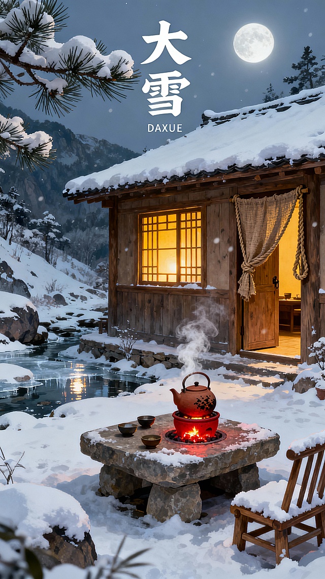 大雪节气，中式木屋暖光映雪，茶烟袅袅，月色如洗，水墨意境与3D实景交融，静谧温馨中透出古典诗意。
