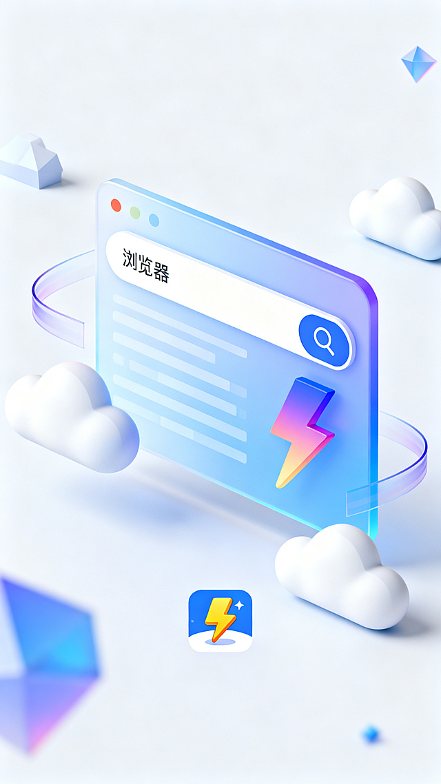 简约科技风2.5d网络服务浏览器APP主图，浅色系背景铺满全图，整体体现快速顺畅科技感，搭配立体云朵数据流和渐变几何闪电，包含浏览器界面搜索框，搜索框里写着“浏览器”，广告图形虚化消除，在画面二分之一往下一点位置加入一个超值好物主题的闪电卡通小图标，图标占比10%-25%，图标不重复，9:16构图