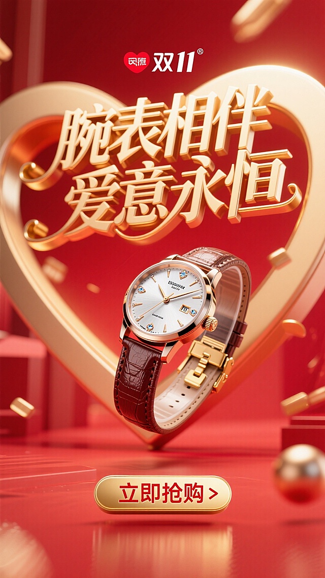 3D立体心形构图，鎏金质感与金属光泽交织，重拟物风格呈现奢华腕表，红金配色传递浪漫喜庆氛围，双11节日主题强化情感共鸣。