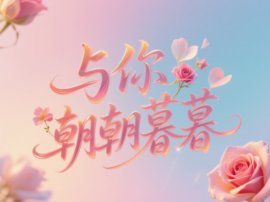 文字"与你 朝朝暮暮"，线条流畅，手写，玫瑰花瓣艺术字。创意字体设计点缀花朵元素。渐变背景，浪漫七夕氛围。预览效果