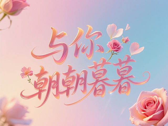 文字"与你 朝朝暮暮"，线条流畅，手写，玫瑰花瓣艺术字。创意字体设计点缀花朵元素。渐变背景，浪漫七夕氛围。