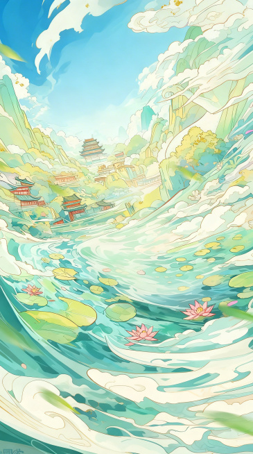 国潮插画风格背景，包含青绿山水、祥云、中式古典建筑、荷塘荷花，清新明亮的色彩，没有龙元素预览效果