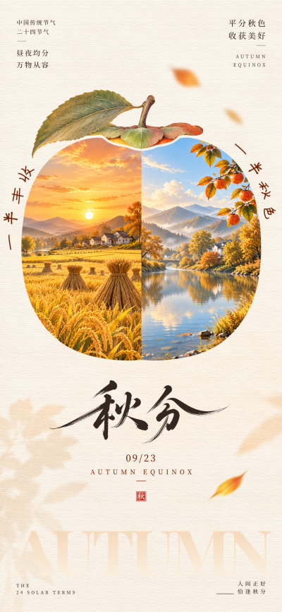 画面以书法大字秋分为主体，结合柿子与圆形构图展示秋日田园风光，呈现金色稻田、乡村房屋及河流景色，传达昼夜均分、万物从容的节气氛围。