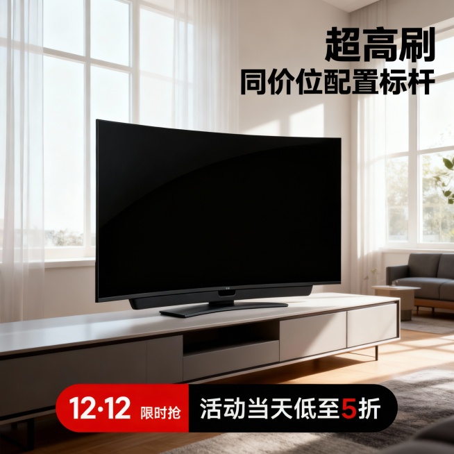 电视机被放置在客厅的电视柜上，自然打光。商品卖点“超高刷 同价位配置标杆”艺术字小展示。底部红黑配色文本框信息展示“12·12 限时抢”“活动当天低至5折”。预览效果