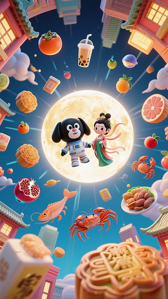 梦幻3D风，卡通拟人角色在超现实中秋夜飞翔，满月、美食环绕，节日氛围浓厚。
