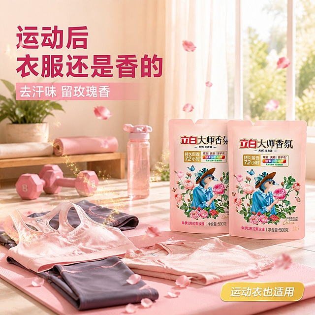 [主图-26] 立白大师香氛洗衣液运动去味场景图，运动衣物去汗味。
[氛围风格] 粉玫暖调活力运动风，清新洁净，延续上一套视觉语法（粉金配色、玫瑰花瓣、柔和光晕）。
[画质] 商业摄影质感、光线明亮通透、产品清晰真实、画面干净高级、文字锐利清晰。
[颜色风格参考] 整体色调、字体风格、装饰元素、玫瑰花瓣点缀与参考图保持一致的视觉语言。
[元素] 运动健身场景，瑜伽垫旁放着运动背心、瑜伽裤、速干衣等运动衣物，旁边立放2袋立白大师香氛洗衣液袋装产品（保持与输入产品图外观、颜色、图案完全一致，无变形色差）。衣物上飘散着金色香氛粒子和玫瑰花瓣，体现去除汗味、留下玫瑰香。背景是明亮的居家健身角落，有绿植、哑铃、水杯等运动元素，阳光从窗户洒入。整体传达运动后衣物也能留香的卖点。商品主体占比约30%。
[光影] 明亮的自然光从侧面洒入，运动衣物和产品有自然阴影，整体明亮清新有活力感。
[配色] 主色调浅粉、白色、浅绿；点缀色玫瑰粉、金色；字色深玫红与白色。
[视角构图] 正面平视，运动场景全景，产品在前景右侧，景深中等，场景沉浸感强。
[文字版式] 左上角负空间左对齐文案，主标题「运动后 衣服还是香的」深玫红色超粗黑体最大号。副文案「去汗味 留玫瑰香」白色中号字配浅粉半透明底。底部右侧小标签「运动衣也适用」金色底白字。
[输出要求] 1:1比例，文字清晰可辨，超高清商业摄影质感。
[负向提示词] 变形，文字错乱，产品图模糊，背景杂乱，水印，电商平台Logo，多余的手，畸形手，人物面部扭曲。