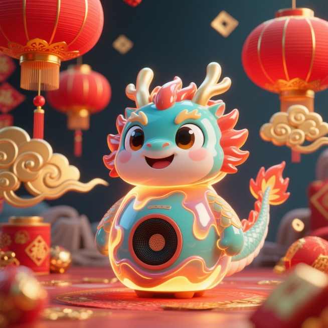 3D卡通风格，拟人化小龙人音箱，液态光效设计，可爱感十足，新年氛围浓厚，整体造型圆润，小龙人有着大大的眼睛和微笑的嘴巴，身体是音箱的形状，表面有流动的液态光效，周围有红色的灯笼和金色的祥云作为装饰，充预览效果