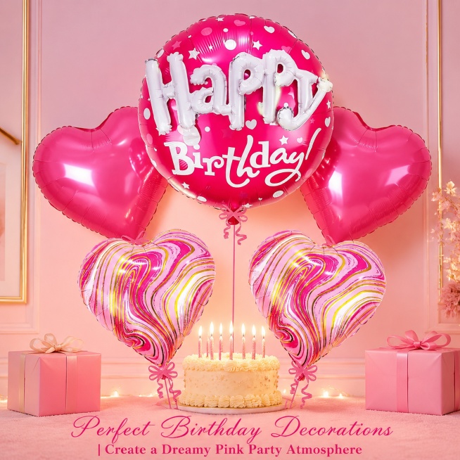 商业级生日派对产品摄影。
主体：生日派对气球套装严格参照上传产品图，完整保留所有可见组件、部件、轮廓、结构、比例、材质、颜色与产品本体上的文字信息，与上传图完全一致。产品占画面60%~70%，完整不裁预览效果