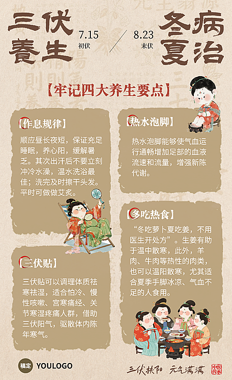 三伏养生知识科普分享宣传中式插画手机竖版海报