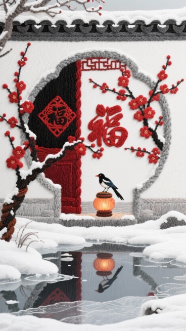 一座覆雪的中式庭院月洞门，门上贴着繁复的红色“福”字剪纸。院内一株红梅傲雪绽放，枝头立着一只喜鹊。前景是结着薄冰的池塘，冰面倒映着门与梅的倒影。画面色彩以 瓦灰、雪白、朱红、墨黑 为主，大量留白，焦点预览效果