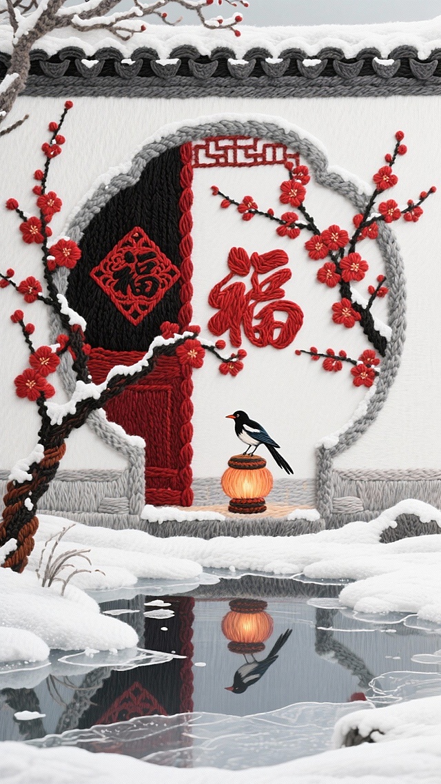 刺绣风与工笔风交融，重拟物手法呈现雪中庭院，红梅映福字，静谧喜庆，浮雕质感尽显中式年味。