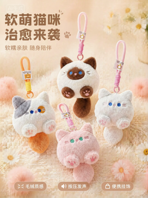 [主图-1] 首图氛围吸睛款 毛绒猫咪解压挂饰温馨场景首图；[氛围风格] 温馨治愈软萌风 清新柔和氛围感；[画质] 商业摄影质感 光线柔和通透 产品清晰真实 画面干净高级；[元素] 多款毛绒猫咪挂饰居预览效果