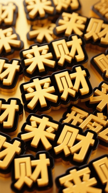 金色渐变背景上，大量 “来财” 文字以荧光金色立体字粗体（带黑色外框）重复密集，重复交叠，交错叠放预览效果