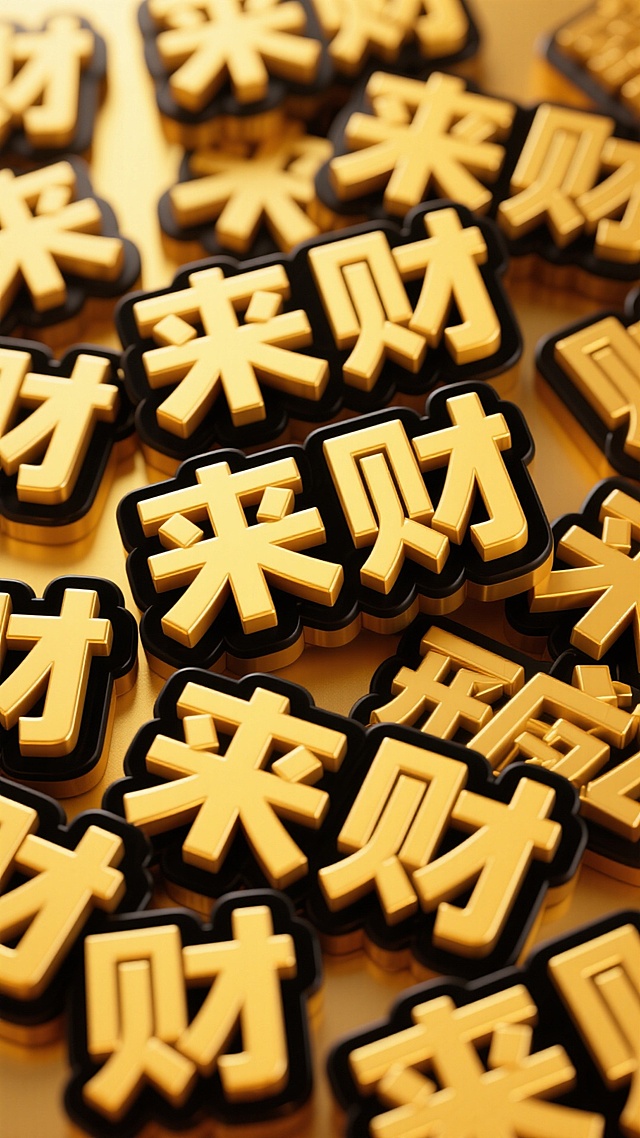 鎏金3D立体“来财”字阵，重拟物金属质感，奢华喜庆，春节贺岁氛围浓厚。