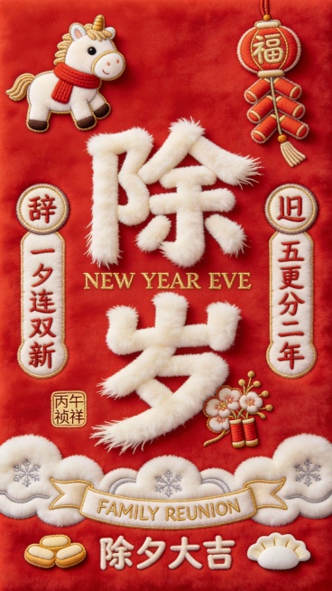 【马年除夕毛茸茸国潮红包设计】材质与色调：采用正红色短绒为基底，主视觉元素使用蓬松长绒材质塑造立体感，点缀浅金植绒与奶白毛绒细节，整体呈现节庆团聚的温暖质感。核心视觉元素：中央以奶白色蓬松长绒材质塑造预览效果