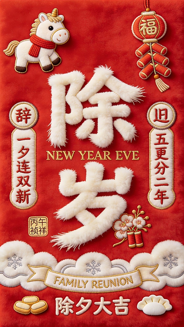 国潮风刺绣质感，毛发生长字体呈现“除岁”主题，融合卡通小马与传统元素，喜庆红底衬托中式年味，重拟物设计传递除夕团圆祝福。