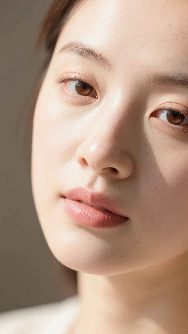特写镜头下的女性脸部，柔和自然的光线从斜上方照射，营造出温暖细腻的氛围，展现出极其真实的皮肤质感，肌肤表面可见自然的细小毛孔、淡淡的雀斑和健康的光泽，呈现出通透、水润、光滑且富有弹性的理想状态，眼周肌肤细腻紧致，眉毛自然舒展，嘴唇呈现自然的淡粉色，整体画面聚焦于完美无瑕的肌肤，突出皮肤的纯净与健康之美，采用高清晰度的写实摄影风格，色调以温暖的米杏色为主，光影过渡柔和自然，构图简洁大方，背景虚化处理以突出主体皮肤的质感和细节。