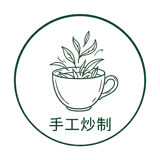 圆形边框线稿图标，白瓷茶杯与嫩芽茶叶，单线条墨绿色，简洁线条，绿茶主题，透明PNG免抠背景，对应文字说明"手工炒制"
