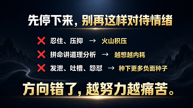 直播间干货PPT第6页，整体风格极简、高能量、有禅意，深蓝色黑色背景，文字为亮色。标题“先停下来，别再这样对待情绪”，三个误区打叉呈现：✘ 忍住、压抑 → 火山积压，✘ 拼命讲道理分析 → 越想越内耗，✘ 发泄、吐槽、怨怼 → 种下更多负面种子，底部大字“方向错了，越努力越痛苦。”，每个误区前加红色叉号，版式清晰，深色背景配白色金色文字