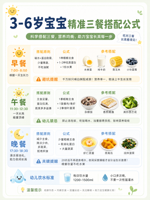清新育儿种草风格海报，延续上一张儿童长高主题设计风格，整体版式精美，信息分区清晰，主标题区域突出，文字清晰可读，整体色调清新柔和，适合母婴育儿内容分享。画面包含：主标题"3-6岁宝宝精准三餐搭配公式"预览效果